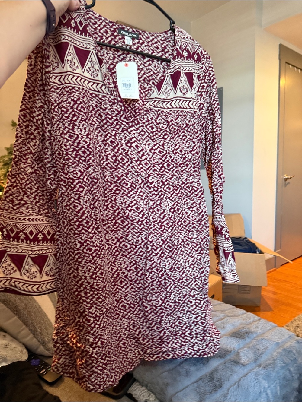 Billabong Maroon & White Long Sleeve Boho Dress